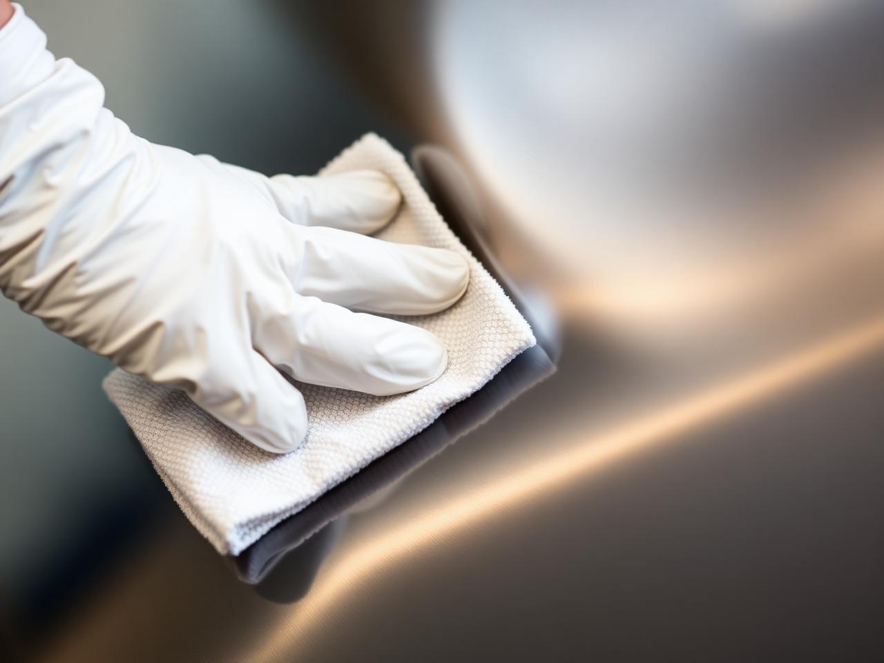 Gloved hand giving a final wipe to a gleaming stainless surface